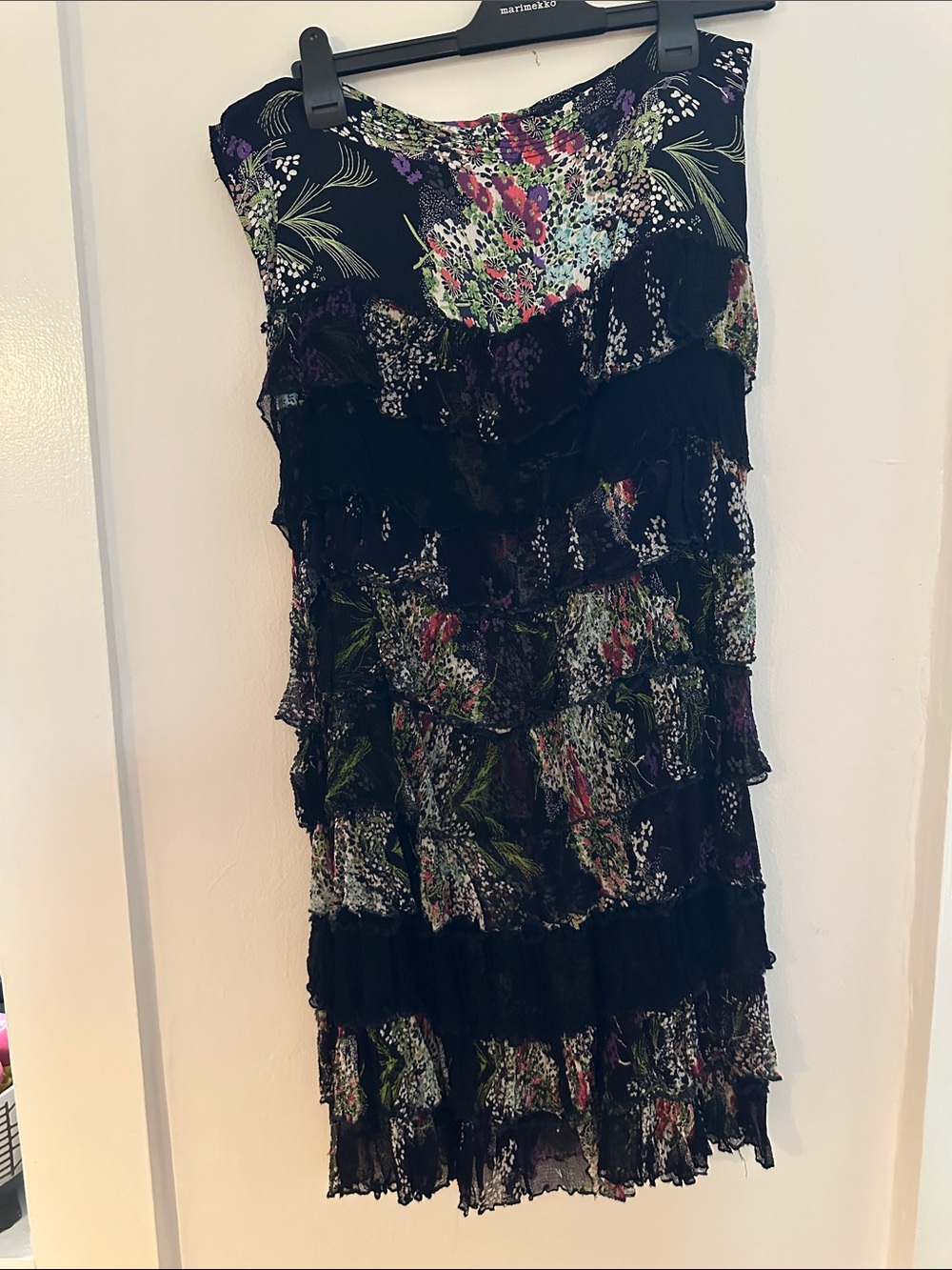 Silk Floral Tiered Ruffle Black Dress